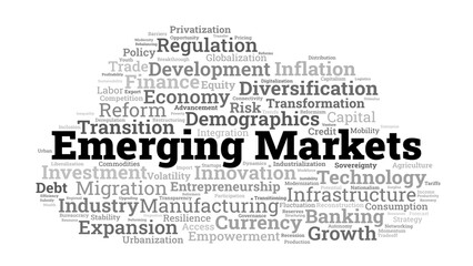 Emerging Markets Word Cloud. Key Terms for Economic Development and Growth Insights