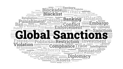 Global Sanctions Word Cloud. Key Terms on Economic Pressure and International Policy