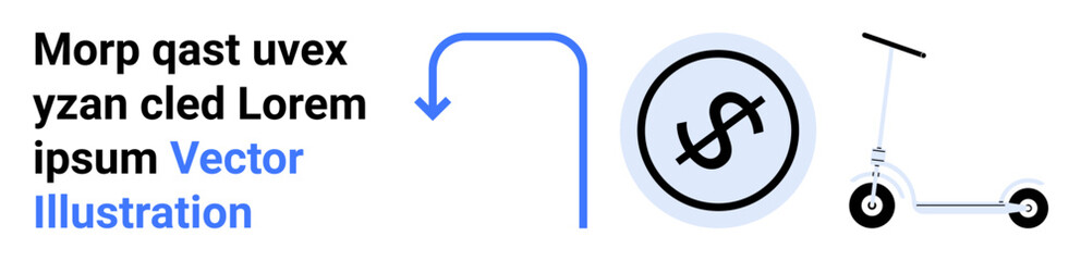 Dollar coin inside a circle, blue arrow pointing to it, and an electric scooter. Ideal for finance, savings, transportation, investment, micro-mobility, eco-business simple landing page