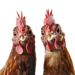 Naklejka premium Two brown chickens looking at camera poultry farm animals birds livestock agriculture hen rooster fowl 100 on transparent background