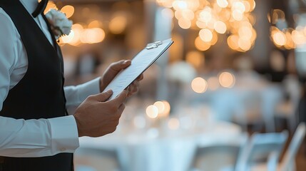 Event Planner Reviewing Guest List Amid Bokeh Lights with Festive Ambiance and Copy Space
