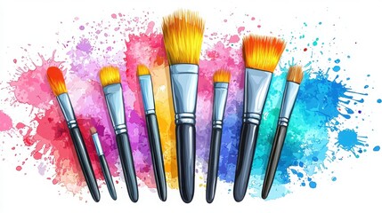 Set of paint brushes with colorful paint splashes for creative arts workshop activities