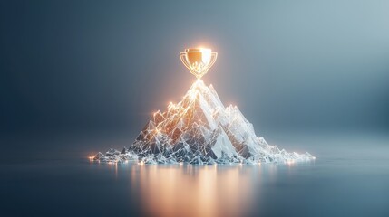 A digital mountain topped with a glowing trophy, symbolizing achievement and success in a futuristic, minimalistic design.