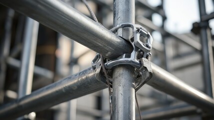 Scaffolding worker securing a metal frame at a building site. Featuring stability and construction safety