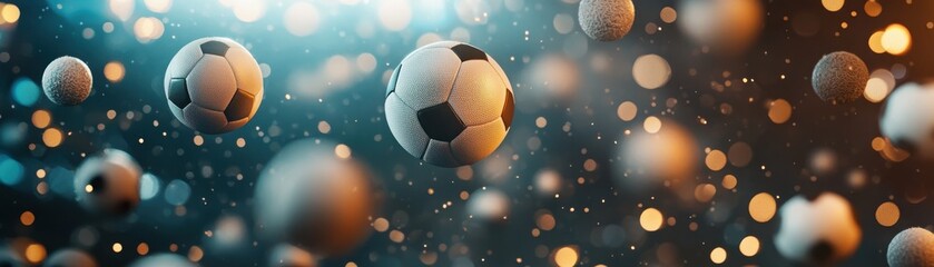 Naklejka premium A dynamic scene featuring floating soccer balls amidst a sparkling background, evoking energy and excitement associated with the sport.