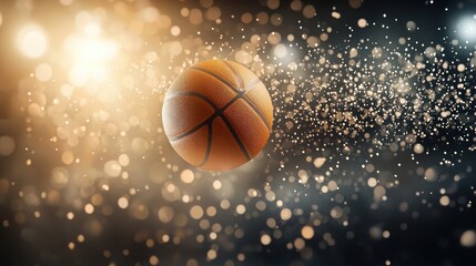 Obraz premium A dynamic basketball in mid-air, surrounded by a sparkling blur of light, capturing the energy of the game.