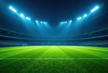 Empty soccer stadium at night illuminated by bright lights. Green grass field.  Perfect for sports related projects.