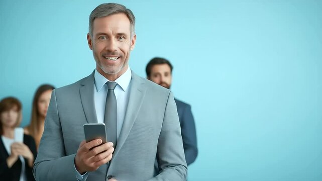 A modern businessman in a blue suit checks his phone while walking through a busy pedestrian street, smiling as he receives good news. His colleagues walk behind him, also engaged