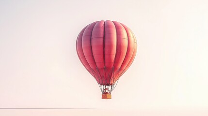 Fototapeta premium Red hot air balloon flying over a scenic landscape with blue sky and clouds during a sunny day