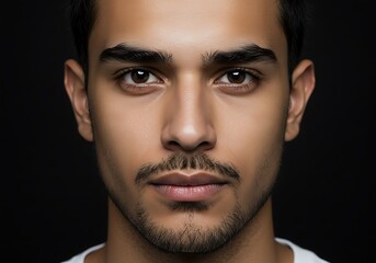 Obraz premium Intense gaze of a young man dark background dramatic lighting close up portrait sharp focus neutral