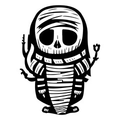 Whimsical Mummy Character in Graphic Woodcut Style
