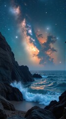 Naklejka premium Breathtaking night sky over ocean waves with stunning milky way and starry horizon. makara,vasuki,shesha,kala nag,samudra manthan,asura rahu India