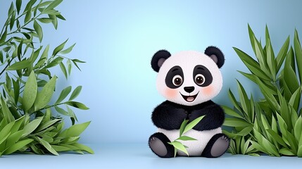 Adorable Cartoon Panda with Bamboo Shoots Amidst Green Foliage