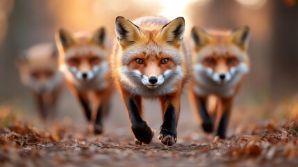 A group of three foxes move along a forest path, showcasing their curious expressions and vibrant fur against a warm, autumnal backdrop of fallen leaves and trees.