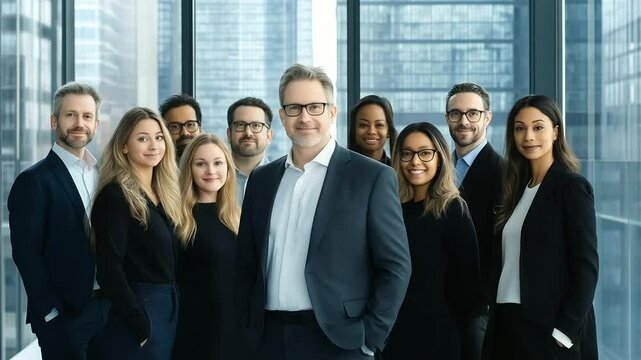 A team of executives, representing different ages and ethnicities, stands in a well-lit office space. Their confident body language and friendly smiles reflect trust and success.