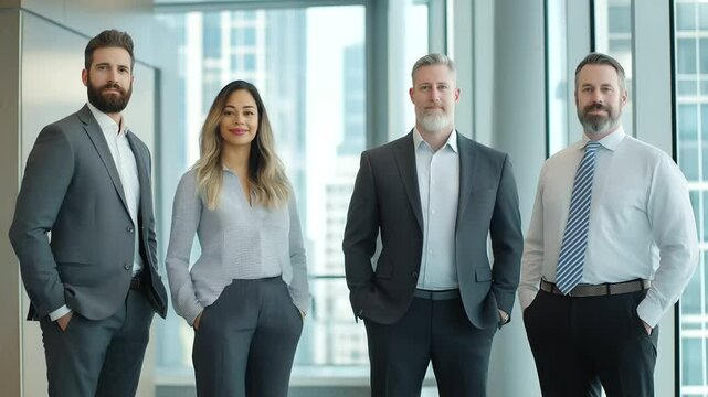 A team of executives, representing different ages and ethnicities, stands in a well-lit office space. Their confident body language and friendly smiles reflect trust and success.