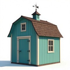 Charming teal wooden shed with gable roof, weathervane, and two windows. Perfect for backyard storage or garden decor.