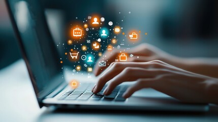 A person types on a laptop keyboard while digital icons float above, representing online activities and communication.