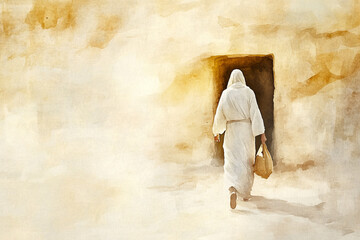 Obraz premium A lone figure walks away from a tomb carrying a bag hope and peace radiate