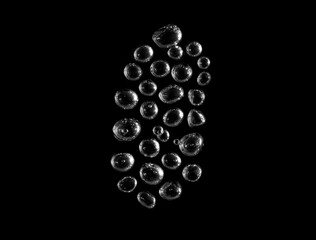 Water has a black background with bubbles and oil. Abstract underwater background isolated on white and blue water drops as close-up liquid natural shot. Beautiful oxygen bubbles.
