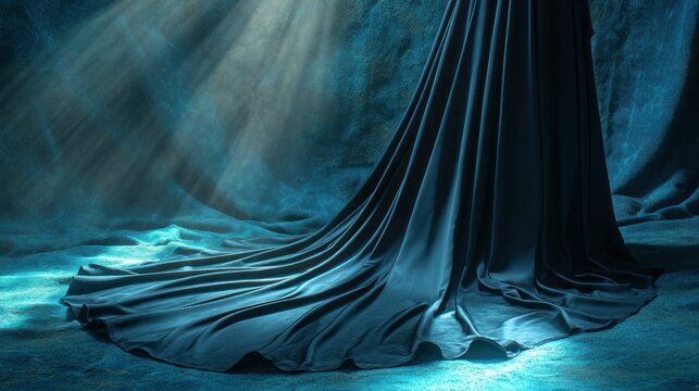 Dramatic flowing dark blue fabric gown