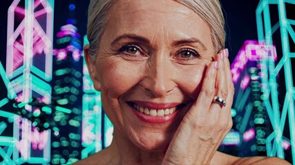 Close-up portrait of a smiling senior businesswoman touching her face with a futuristic cityscape in the background, representing innovation, technology, and success in the modern business world