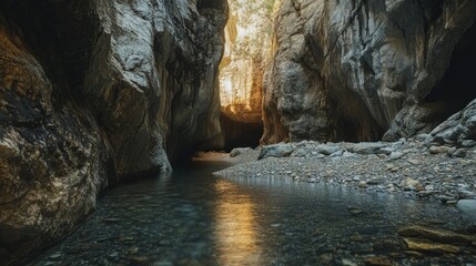 A scenic natural canyon with a clear river running through it