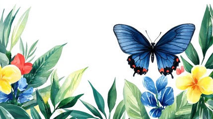 Blue Butterfly Watercolor Painting with Yellow and Blue Flowers