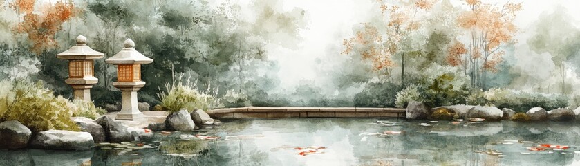 A serene watercolor scene depicting a tranquil pond with lanterns, rocks, and autumn foliage, evoking harmony and nature's beauty.