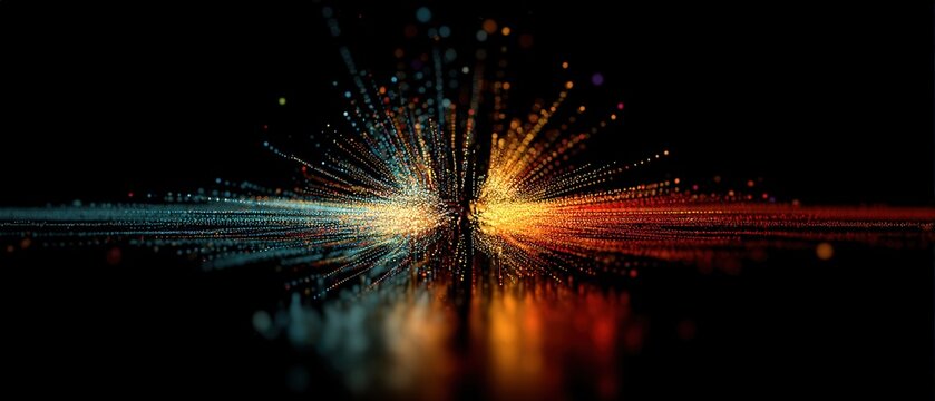 Quantum computing color theory visualization with parametric motion blur, RGB separation effect on digital binary matrix for tech conference materials and UI design.
