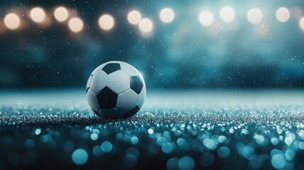 Fototapeta premium A lone soccer ball rests on a glimmering field, illuminated by soft lights, creating a captivating, atmospheric scene.