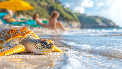 vibrant sea turtle rests on sandy beach, with gentle waves lapping at its shell. In background, sunbathers enjoy sunny day under colorful umbrellas, creating serene coastal atmosphere