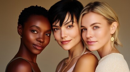 Smiling young women, a portrait of friendship,skincare advertisement style 