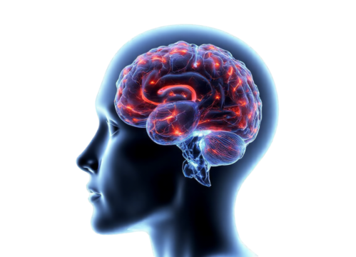 Glowing Brain in Head Silhouette - transparent background - Powered by Adobe