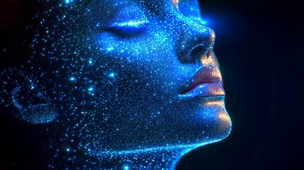 A serene woman with luminous, starry skin against a dark background.