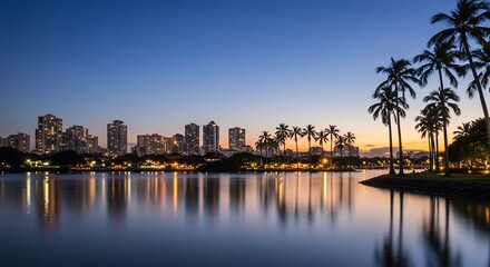 Obraz premium Cityscape Sunset Reflection Tropical Palms Calm Water