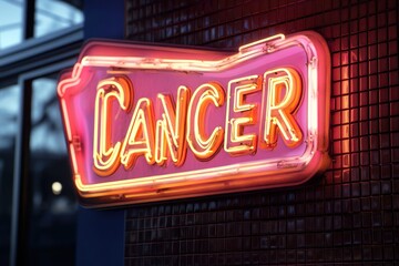 glowing neon sign displaying word cancer against tiled background. vibrant urban aesthetics. zodiac sign concept. astrology, horoscope content, wall art.