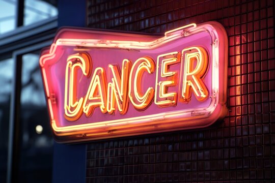 glowing neon sign displaying word cancer against tiled background. vibrant urban aesthetics. zodiac sign concept. astrology, horoscope content, wall art.