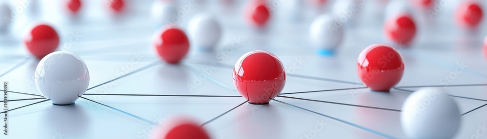Poster abstract image of interconnected spheres in red and white, symbolizing networks or connections in a 