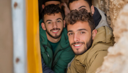 Smiling young men in casual clothing, posing together in narrow space, showcasing friendship and joy. Their expressions convey warmth and camaraderie