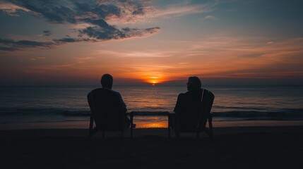 Two People Relaxing Silhouetted On Beach Watching Sunset