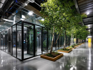 A data center with racks of energy-efficient servers, surrounded by indoor trees and plants, creating a serene and sustainable environment that reflects the future of green technol