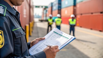 trade barriers customs logistics Concept. A security officer reviews documents near shipping containers at a port.