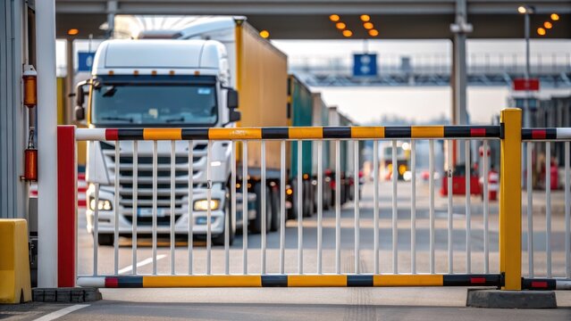 trade barriers customs logistics Concept. Trucks passing through a barrier at a logistics checkpoint on a bustling road.