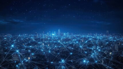 Fototapeta premium Night city global network connections, starry sky background, futuristic technology illustration