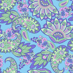 Paisley vector seamless design flowers and leaves in a batik-inspired style. Vintage fabric backdrop
