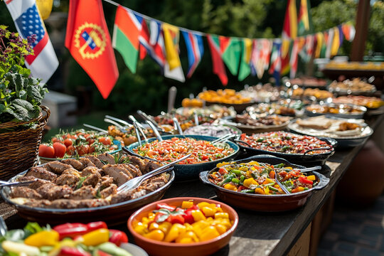 Delicious international buffet feast sunny outdoor celebration