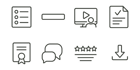 Set of icons: checklist, minus sign, video play with magnifying glass, document with checkmark, certificate, speech bubbles, five stars, download arrow.
