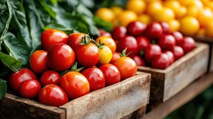 A close-up of fresh tomatoes nestled within rustic wooden crates presents a warm, inviting scene that celebrates fresh produce and evokes feelings of home and wholesome meals.