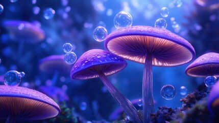 Enchanting luminous fungi nestled among iridescent bubbles in a serene dreamscape